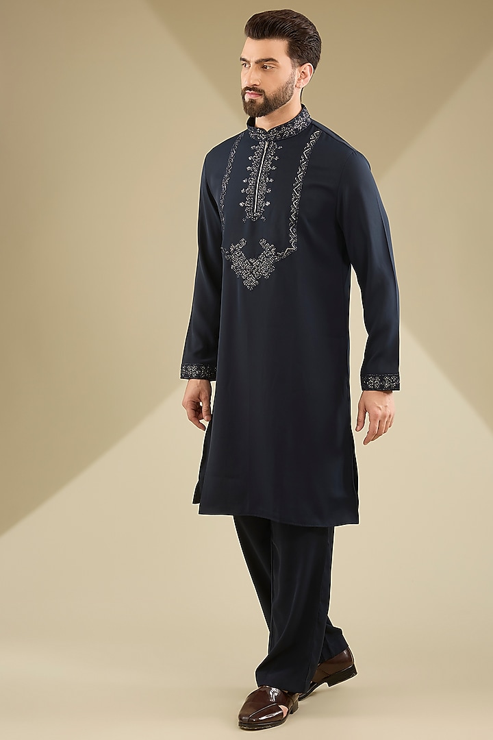 Navy Blue Poly Knit Hand Embroidered Kurta Set by AMIT ARORA at Pernia's Pop Up Shop