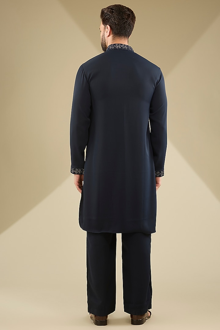 Navy Blue Poly Knit Hand Embroidered Kurta Set by AMIT ARORA at Pernia's Pop Up Shop
