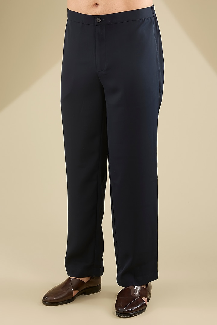 Navy Blue Poly Knit Hand Embroidered Kurta Set by AMIT ARORA at Pernia's Pop Up Shop