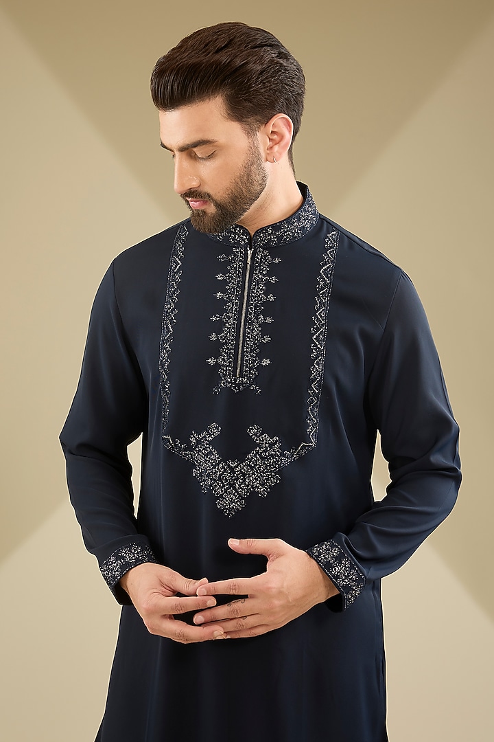 Navy Blue Poly Knit Hand Embroidered Kurta Set by AMIT ARORA at Pernia's Pop Up Shop