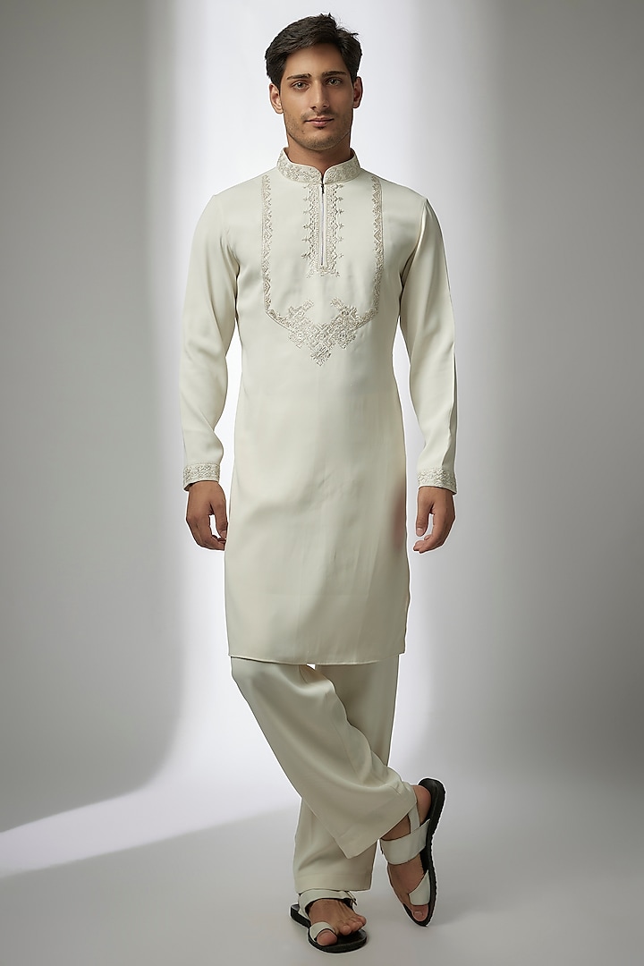 Ivory Poly Knit Hand Embroidered Kurta Set by AMIT ARORA