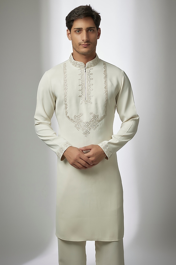 Ivory Poly Knit Hand Embroidered Kurta Set by AMIT ARORA at Pernia's Pop Up Shop