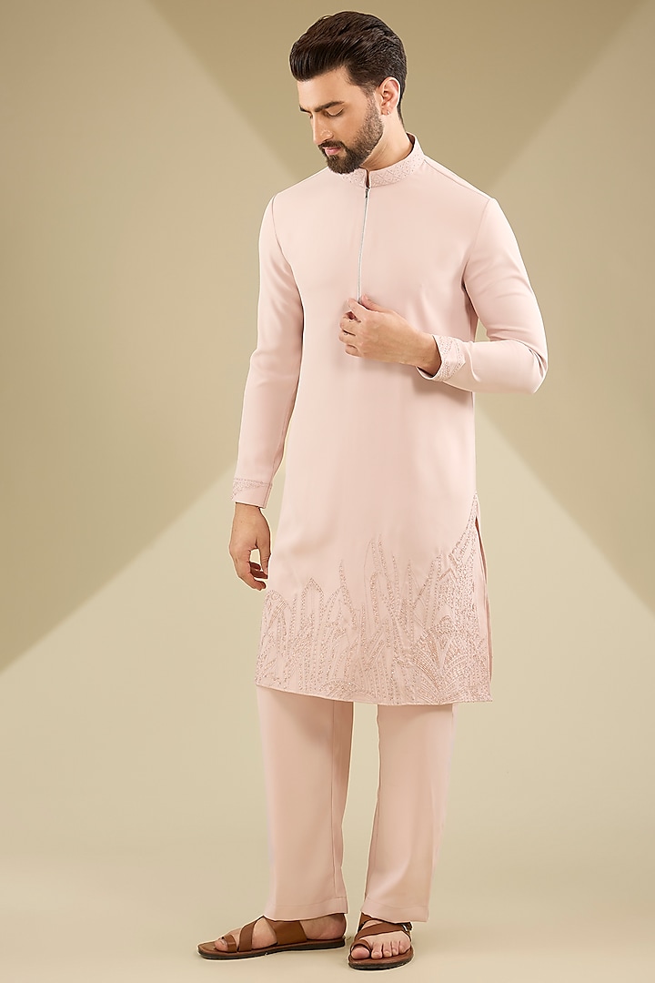 Pink Poly Knit Hand Embroidered Kurta Set by AMIT ARORA at Pernia's Pop Up Shop