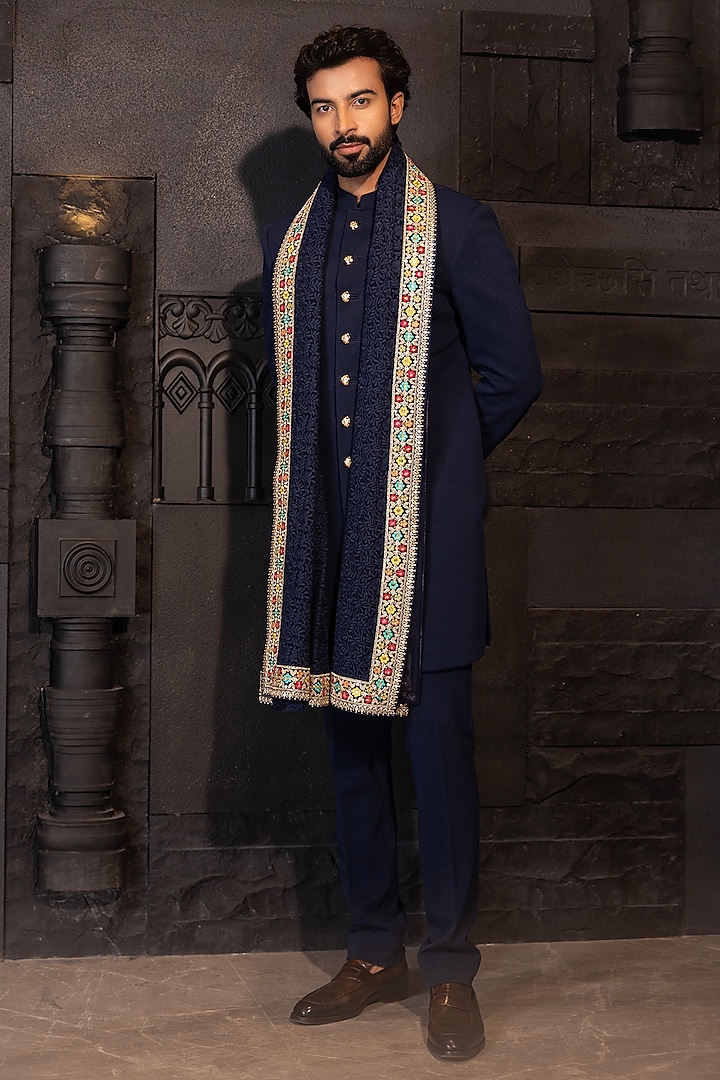 Navy Blue Textured Knit Embroidered Wedding Sherwani Set by AMIT ARORA at Pernia's Pop Up Shop