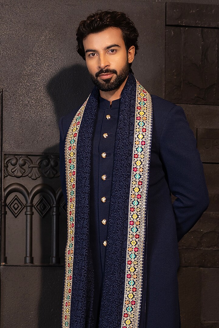 Navy Blue Textured Knit Embroidered Wedding Sherwani Set by AMIT ARORA at Pernia's Pop Up Shop