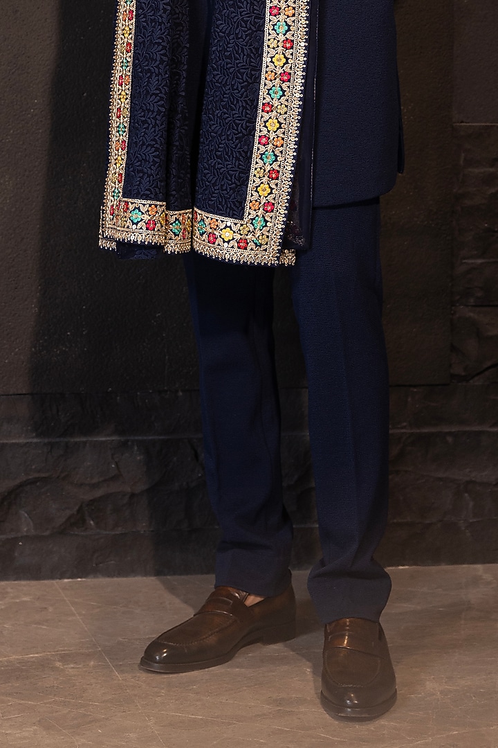 Navy Blue Textured Knit Embroidered Wedding Sherwani Set by AMIT ARORA at Pernia's Pop Up Shop