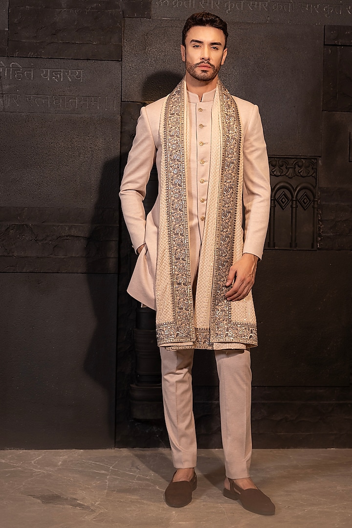 Beige Knit Embroidered Wedding Sherwani Set by AMIT ARORA at Pernia's Pop Up Shop