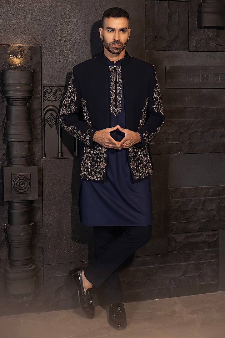 Navy Blue Poly Knit Hand Embroidered Indo-Western Set by AMIT ARORA at Pernia's Pop Up Shop