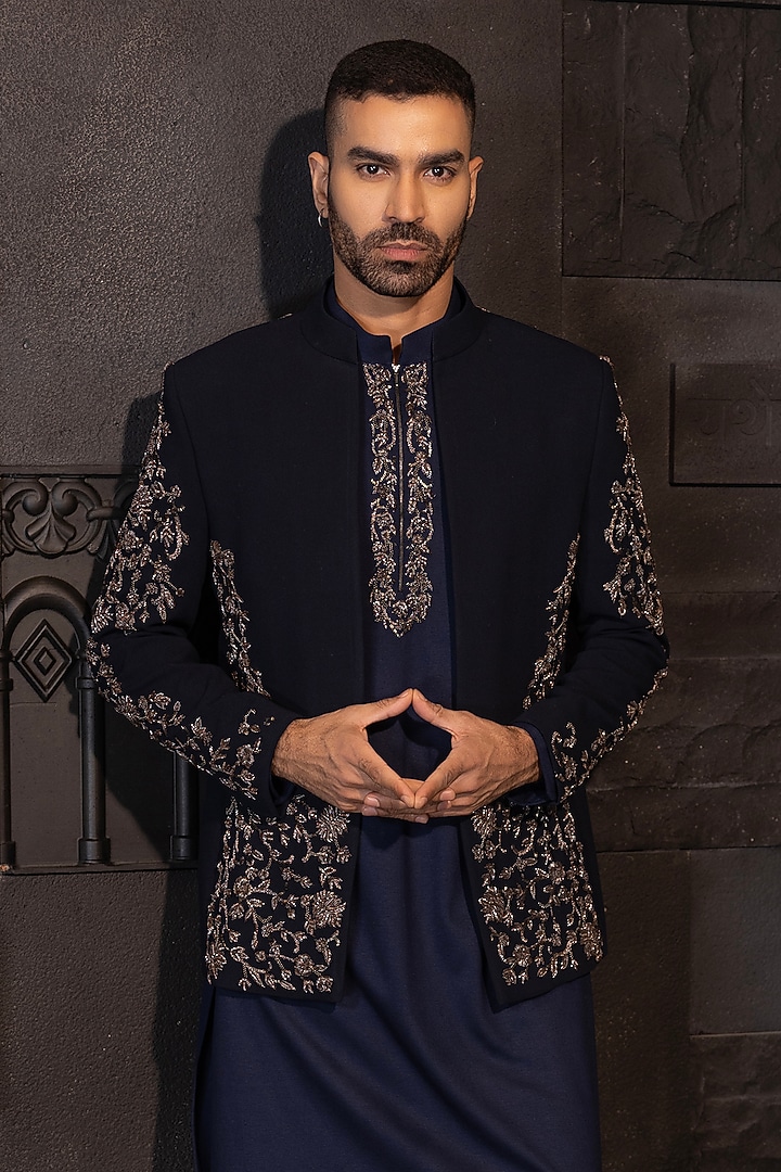 Navy Blue Poly Knit Hand Embroidered Indo-Western Set by AMIT ARORA at Pernia's Pop Up Shop