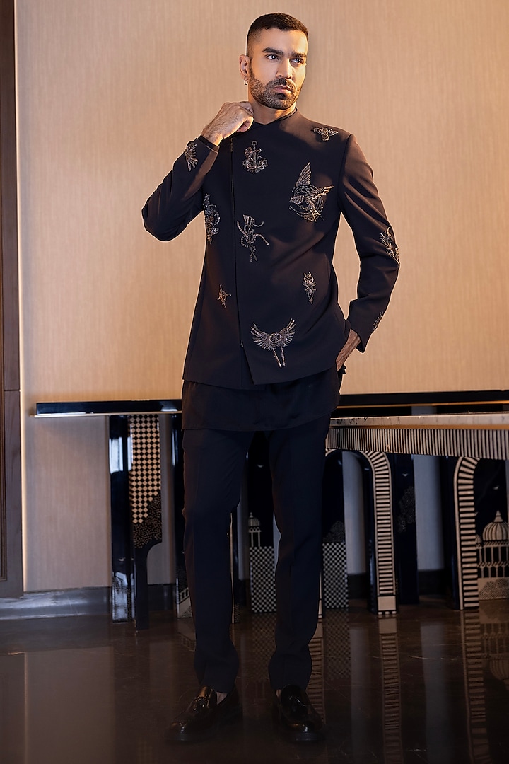 Black Knit Motif Hand Embroidered Indo-Western Set by AMIT ARORA at Pernia's Pop Up Shop