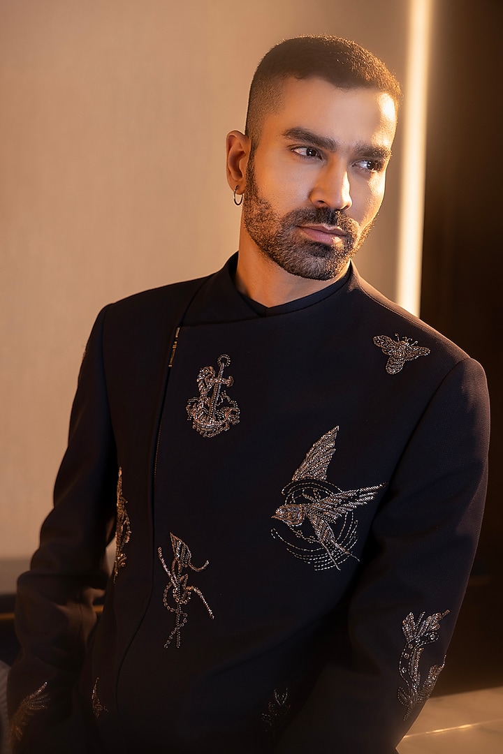 Black Knit Motif Hand Embroidered Indo-Western Set by AMIT ARORA at Pernia's Pop Up Shop