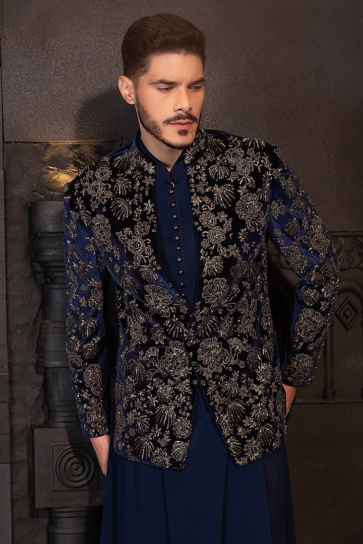 Royal Blue Silk Velvet Hand Embroidered Indo-Western Set by AMIT ARORA at Pernia's Pop Up Shop