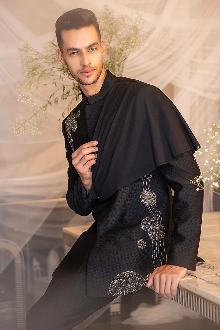Black Textured Knit Motif Hand Embroidered Indo-Western Set by AMIT ARORA at Pernia's Pop Up Shop