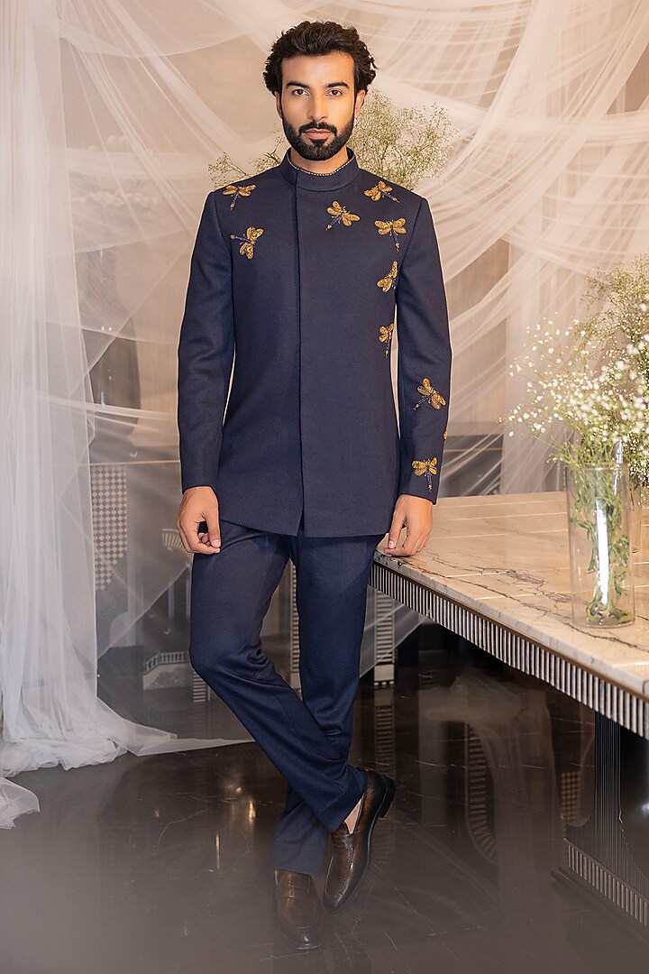 Navy Blue Textured Knit Motif Hand Embroidered Indo-Western Set by AMIT ARORA at Pernia's Pop Up Shop
