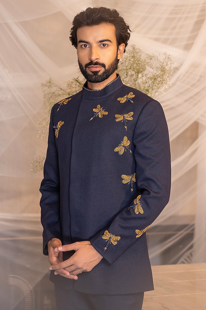 Navy Blue Textured Knit Motif Hand Embroidered Indo-Western Set by AMIT ARORA at Pernia's Pop Up Shop