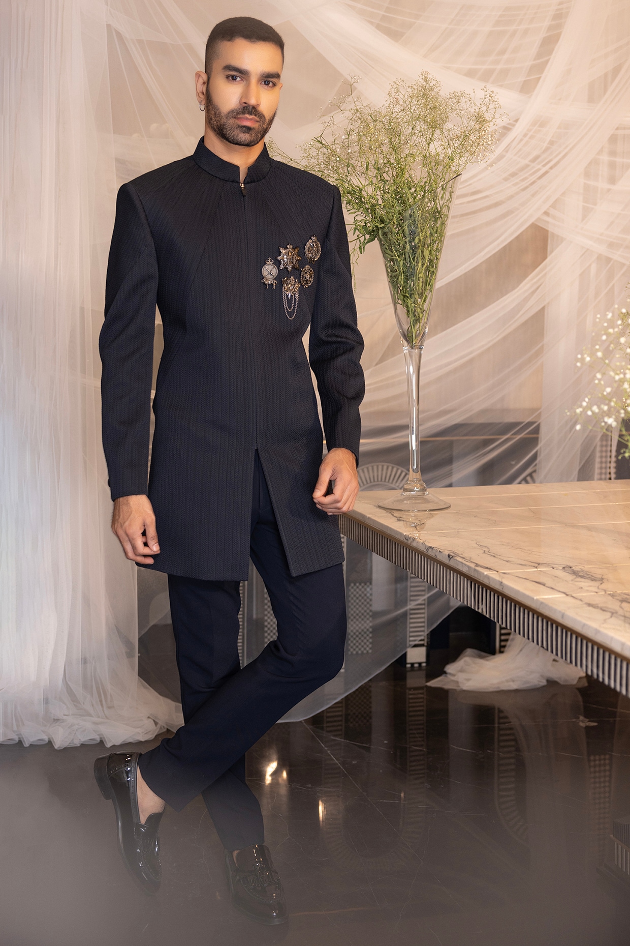 Buy AMIT ARORA Black Herringbone Knit Brooch Embellished Indo  