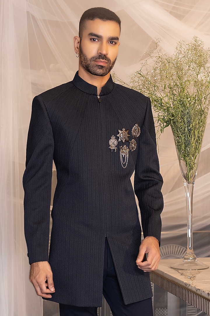 Black Herringbone Knit Brooch Embellished Indo-Western Set by AMIT ARORA at Pernia's Pop Up Shop