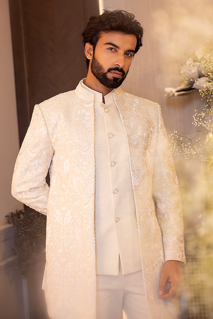 Cream Linen Silk Hand Embroidered Indo-Western Set by AMIT ARORA at Pernia's Pop Up Shop