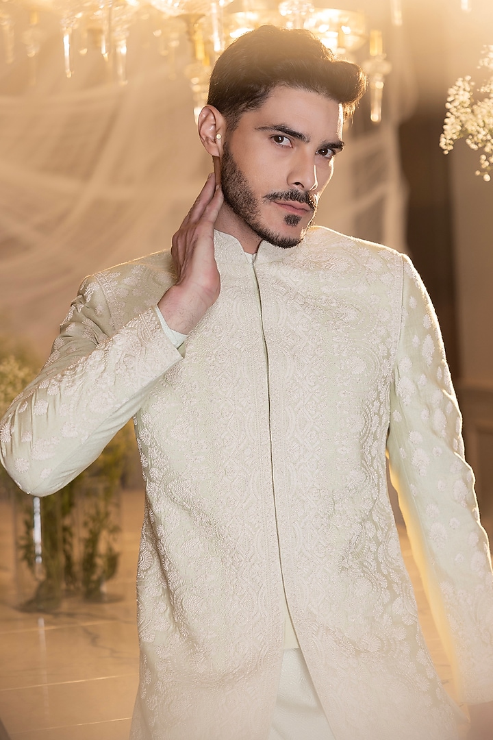 Mint Green Moonga Silk Hand Embroidered Indo-Western Set by AMIT ARORA at Pernia's Pop Up Shop