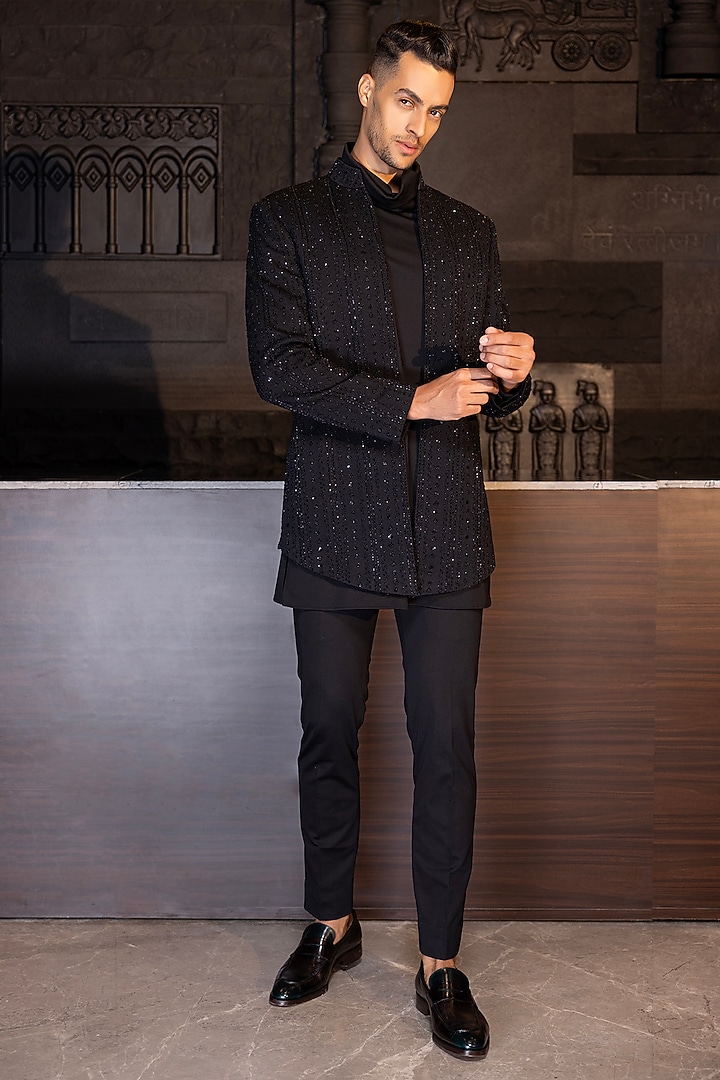 Black Textured Knit Hand Embroidered Indo-Western Set by AMIT ARORA at Pernia's Pop Up Shop