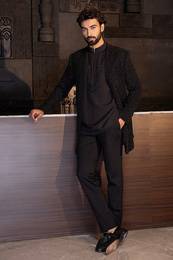 Black Poly Jacquard Hand Embroidered Indo-Western Set by AMIT ARORA at Pernia's Pop Up Shop