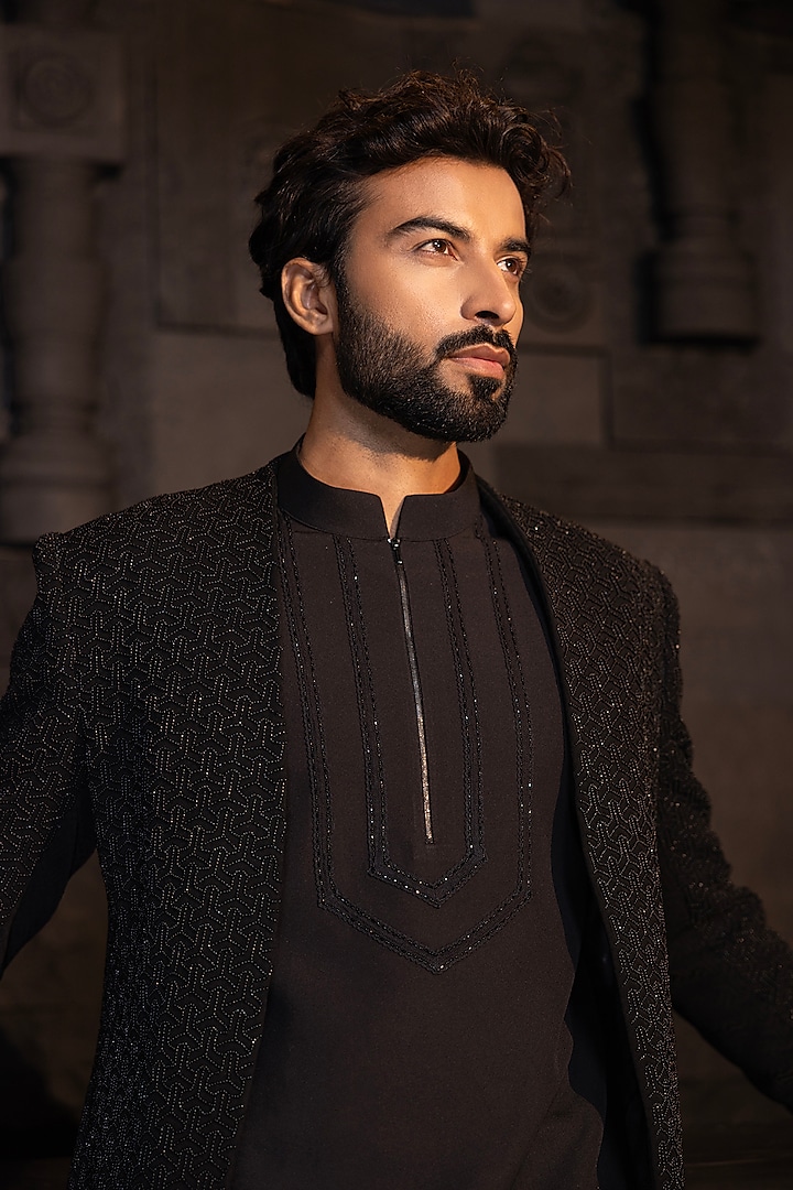 Black Poly Jacquard Hand Embroidered Indo-Western Set by AMIT ARORA at Pernia's Pop Up Shop