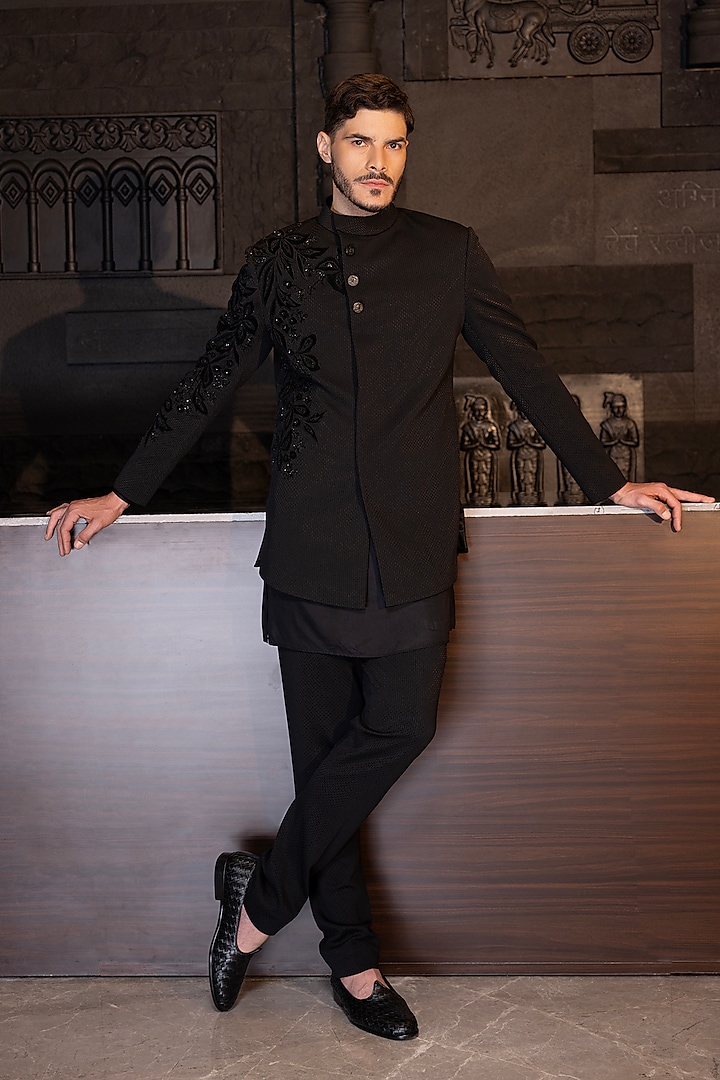 Black Textured Knit Applique Hand Embroidered Indo-Western Set by AMIT ARORA at Pernia's Pop Up Shop