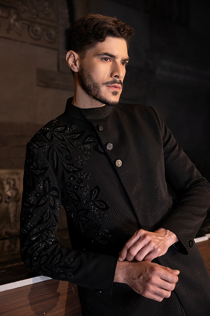 Black Textured Knit Applique Hand Embroidered Indo-Western Set by AMIT ARORA at Pernia's Pop Up Shop