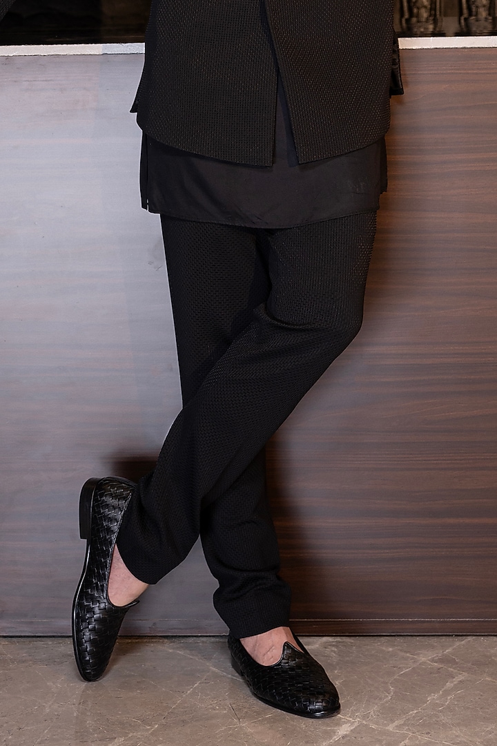 Black Textured Knit Applique Hand Embroidered Indo-Western Set by AMIT ARORA at Pernia's Pop Up Shop