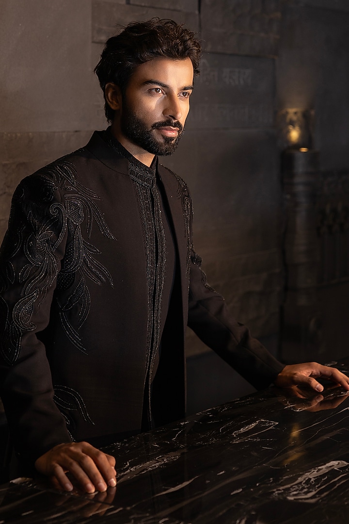 Black Poly Knit Hand Embroidered Indo-Western Set by AMIT ARORA at Pernia's Pop Up Shop