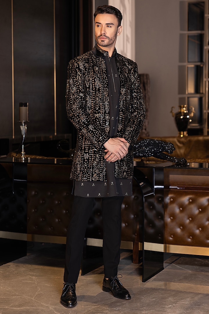 Black Silk Velvet Hand Embroidered Indo-Western Set by AMIT ARORA at Pernia's Pop Up Shop