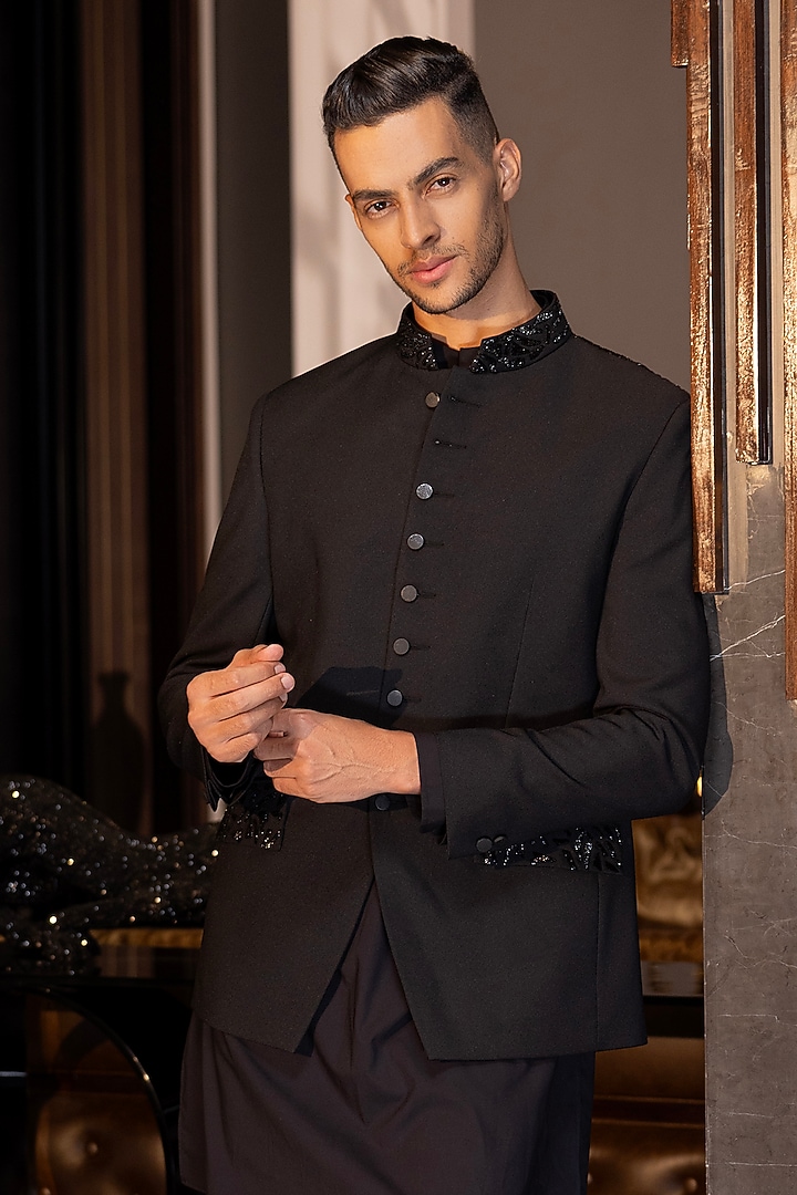 Black Poly Knit Hand Embroidered Indo-Western Set by AMIT ARORA at Pernia's Pop Up Shop