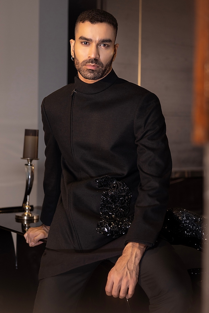 Black Poly Knit Motif Hand Embroidered Indo-Western Set by AMIT ARORA at Pernia's Pop Up Shop