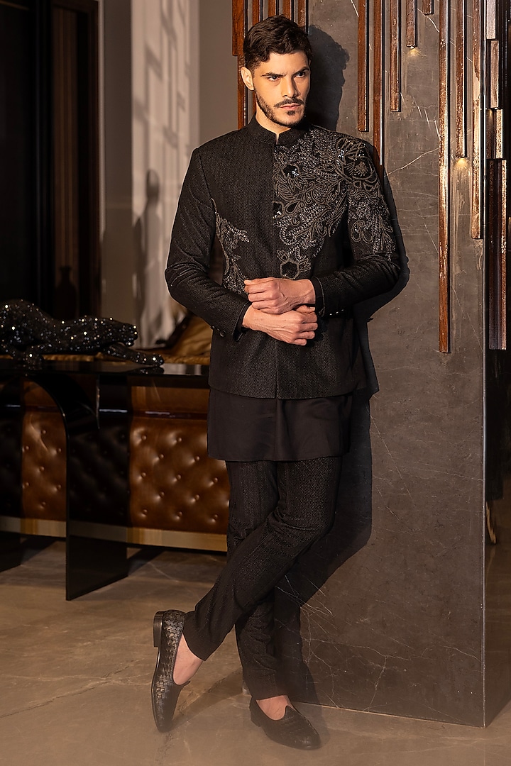 Black Herringbone Knit Applique Hand Embroidered Indo-Western Set by AMIT ARORA at Pernia's Pop Up Shop