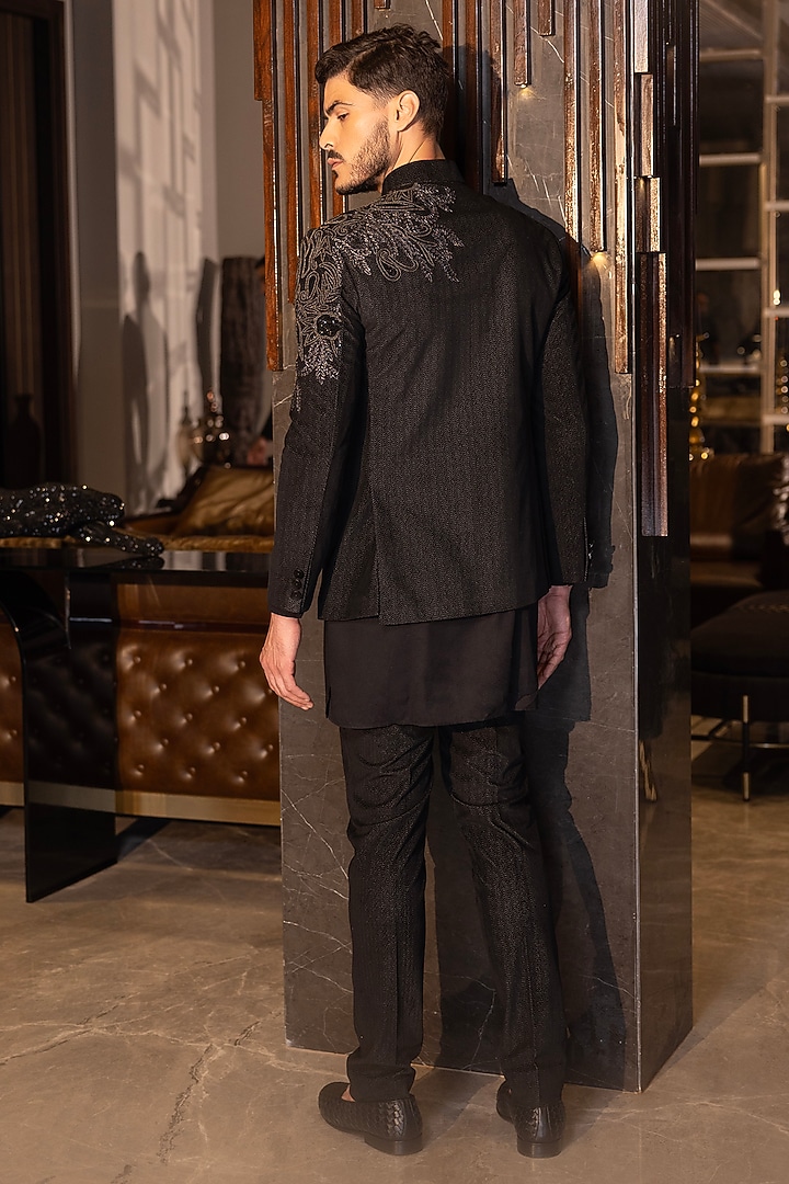 Black Herringbone Knit Applique Hand Embroidered Indo-Western Set by AMIT ARORA at Pernia's Pop Up Shop