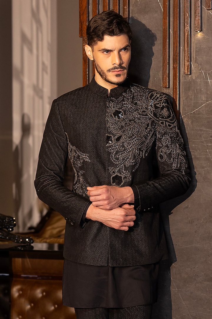 Black Herringbone Knit Applique Hand Embroidered Indo-Western Set by AMIT ARORA at Pernia's Pop Up Shop