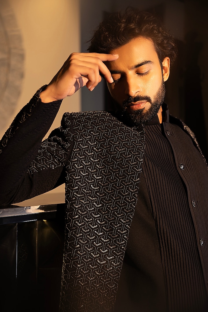 Black Poly Jacquard Hand Embroidered Indo-Western Set by AMIT ARORA at Pernia's Pop Up Shop
