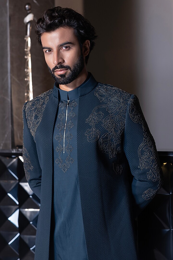 Turquoise Poly Jacquard Hand Embroidered Indo-Western Set by AMIT ARORA at Pernia's Pop Up Shop