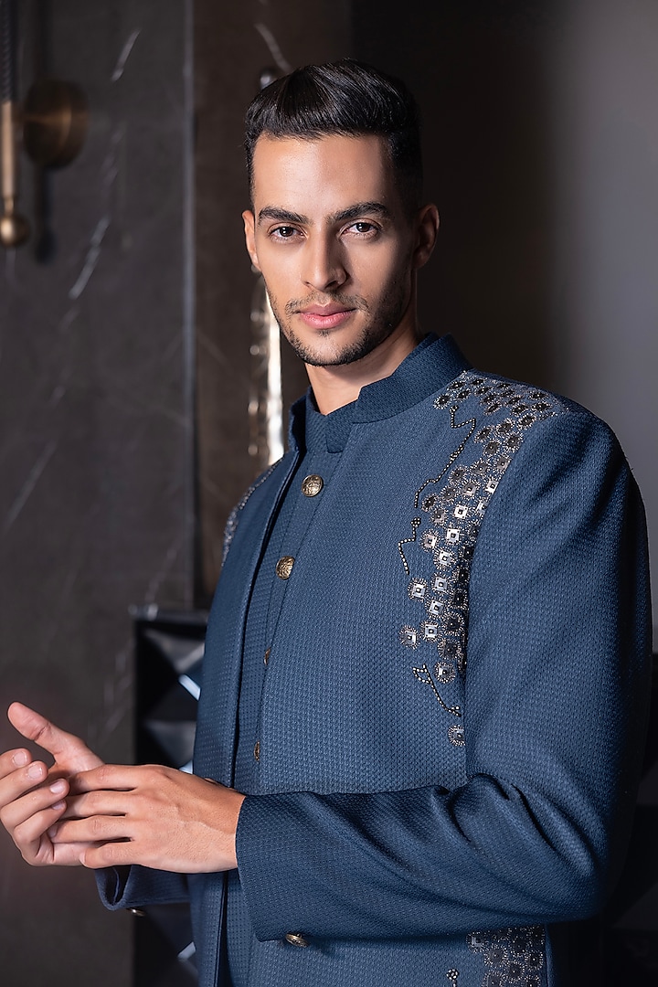 Turquoise Poly Jacquard Hand Embroidered Indo-Western Set by AMIT ARORA at Pernia's Pop Up Shop