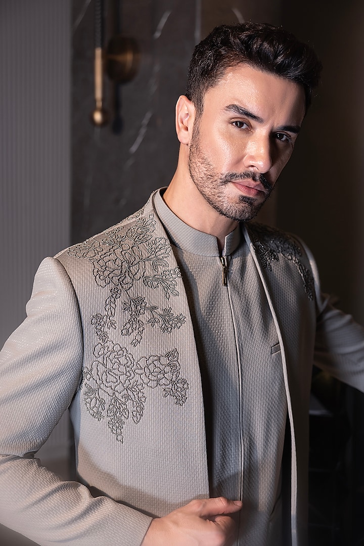 Beige Poly Jacquard Hand Embroidered Indo-Western Set by AMIT ARORA at Pernia's Pop Up Shop
