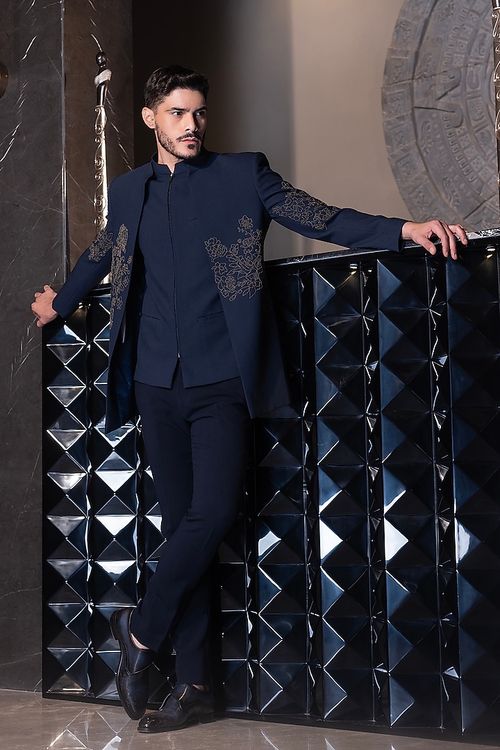 Navy Blue Poly Knit Motif Hand Embroidered Indo-Western Set by AMIT ARORA at Pernia's Pop Up Shop