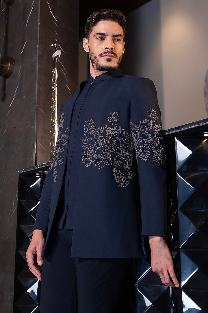 Navy Blue Poly Knit Motif Hand Embroidered Indo-Western Set by AMIT ARORA at Pernia's Pop Up Shop