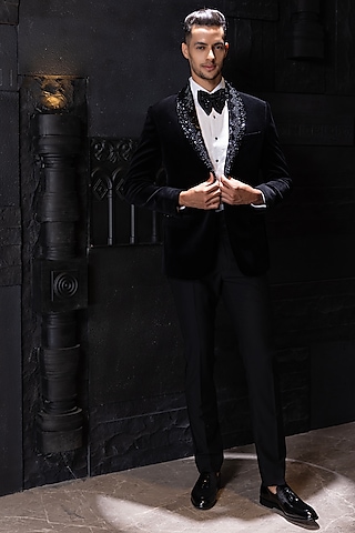 Black Cotton Velvet Hand Embroidered Tuxedo Set by AMIT ARORA