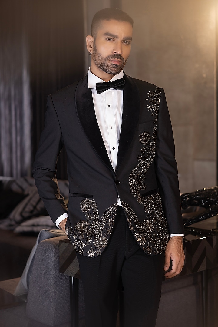 Black Poly Knit Hand Embroidered Tuxedo Set by AMIT ARORA at Pernia's Pop Up Shop