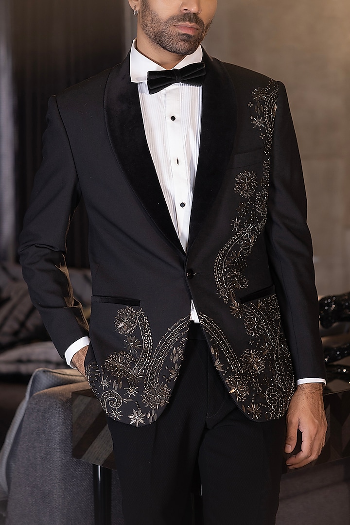 Black Poly Knit Hand Embroidered Tuxedo Set by AMIT ARORA at Pernia's Pop Up Shop