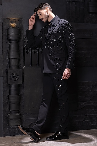 Black Textured Knit Stone Hand Embroidered Tuxedo Set by AMIT ARORA