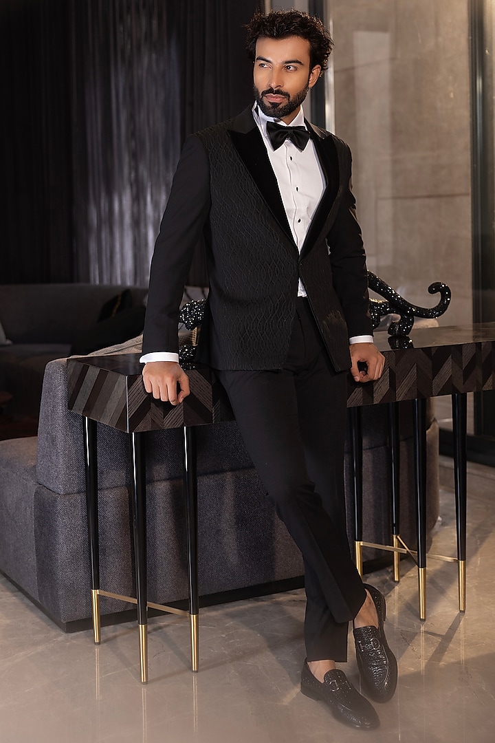 Black Poly Knit Hand Embroidered Tuxedo Set by AMIT ARORA