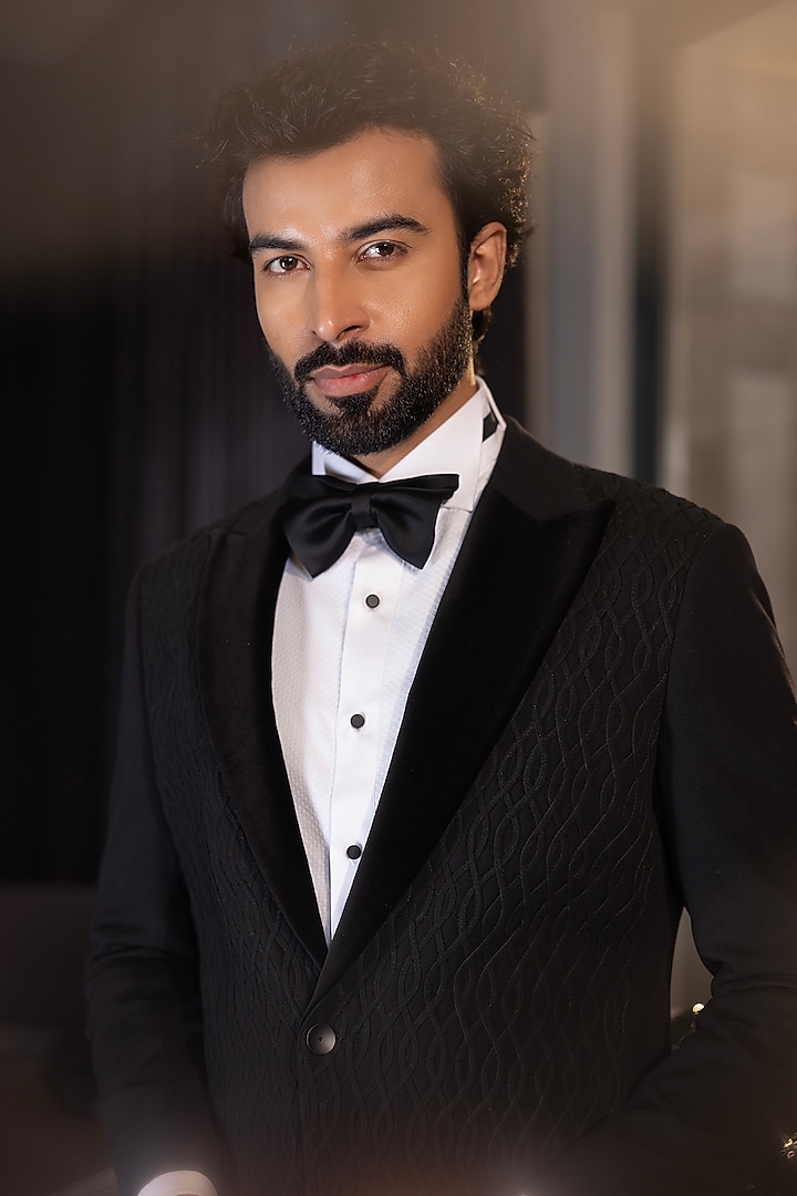 Black Poly Knit Hand Embroidered Tuxedo Set by AMIT ARORA at Pernia's Pop Up Shop