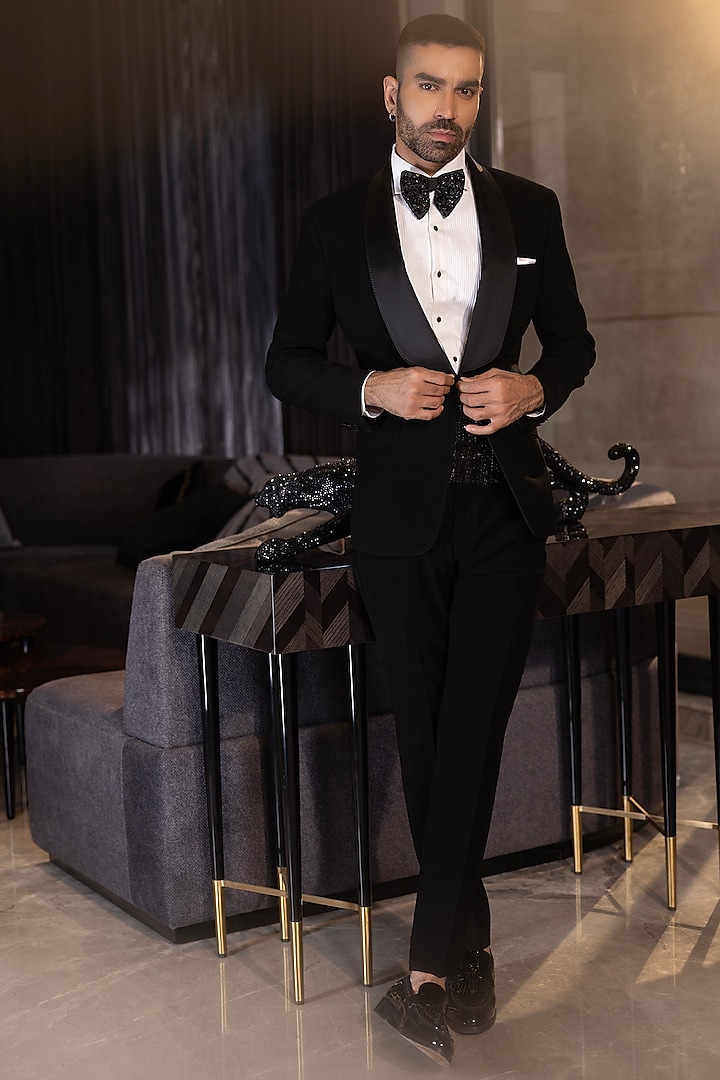 Black Poly Knit Hand Embroidered Tuxedo Set by AMIT ARORA