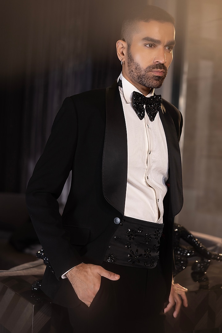 Black Poly Knit Hand Embroidered Tuxedo Set by AMIT ARORA at Pernia's Pop Up Shop